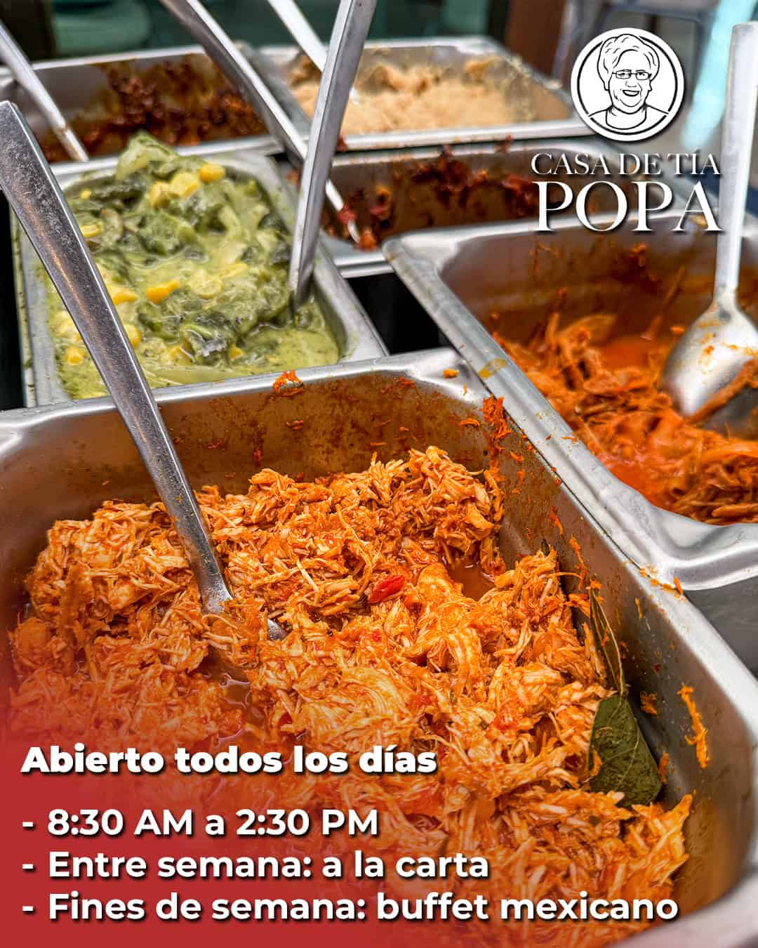 Variedad de guisos mexicanos en buffet, incluyendo pollo en salsa y verduras, en Casa de T&iacute;a Popa, Le&oacute;n, M&eacute;xico.