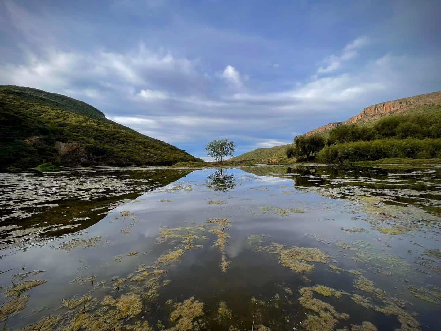 R&iacute;o tranquilo en Le&oacute;n, M&eacute;xico, rodeado de vegetaci&oacute;n y colinas, ideal para turismo ecol&oacute;gico y actividades al aire libre.