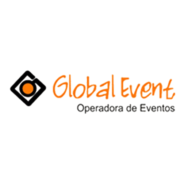 Global Event logotipo de operador de eventos en color negro, naranja y gris, representando una empresa de organización de eve.