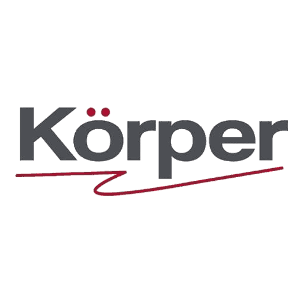 Logotipo de Körper en color gris oscuro con detalles en rojo, representando innovación y confianza en la marca.