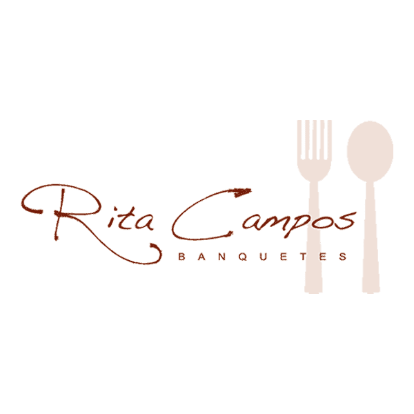Logotipo de Rita Campos Banquetes con utensilios de comida, ideal para eventos y celebraciones en León, México.