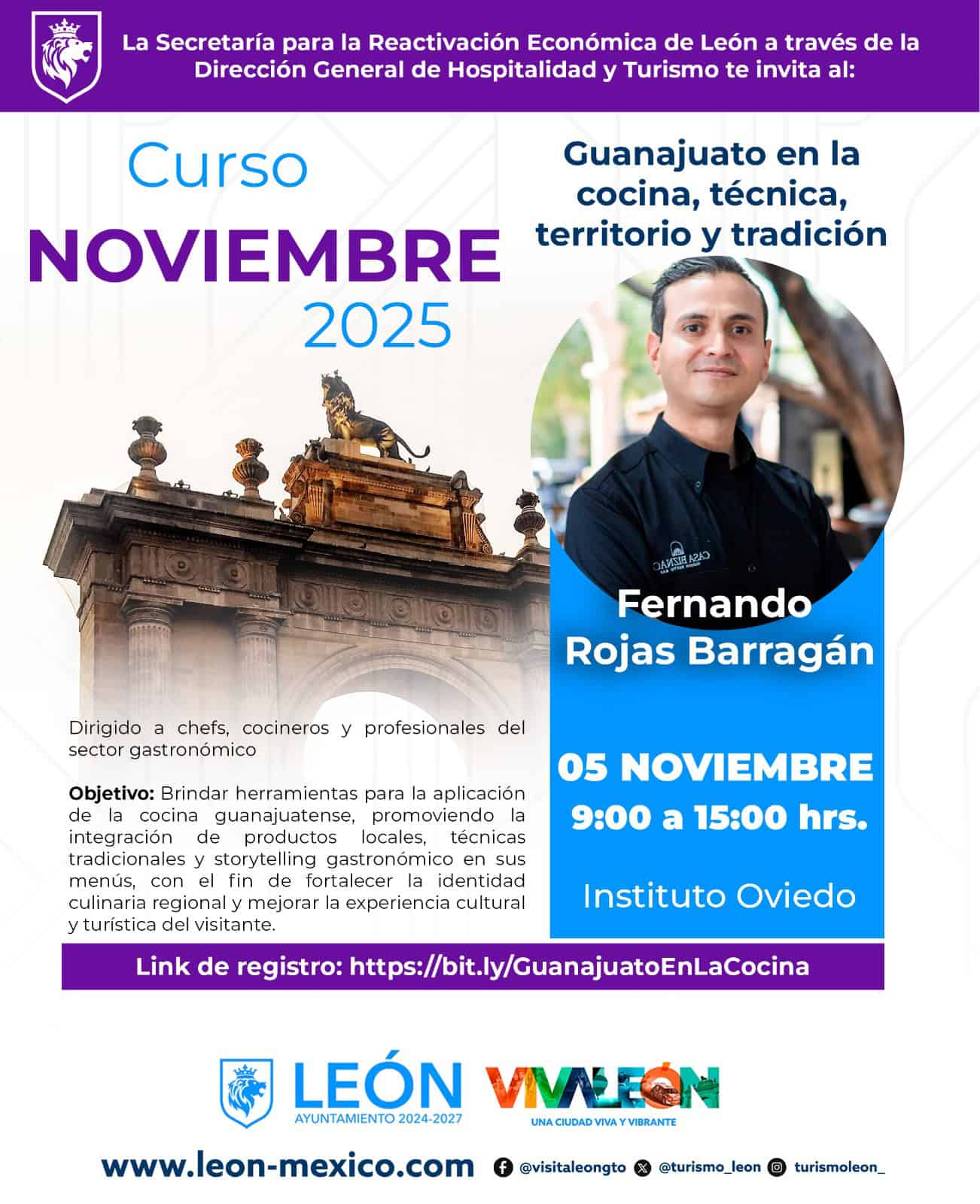 Cocina guanajuatense, técnica y tradición en León, con chef Fernando Rojas Barragán en el curso de noviembre 2025.