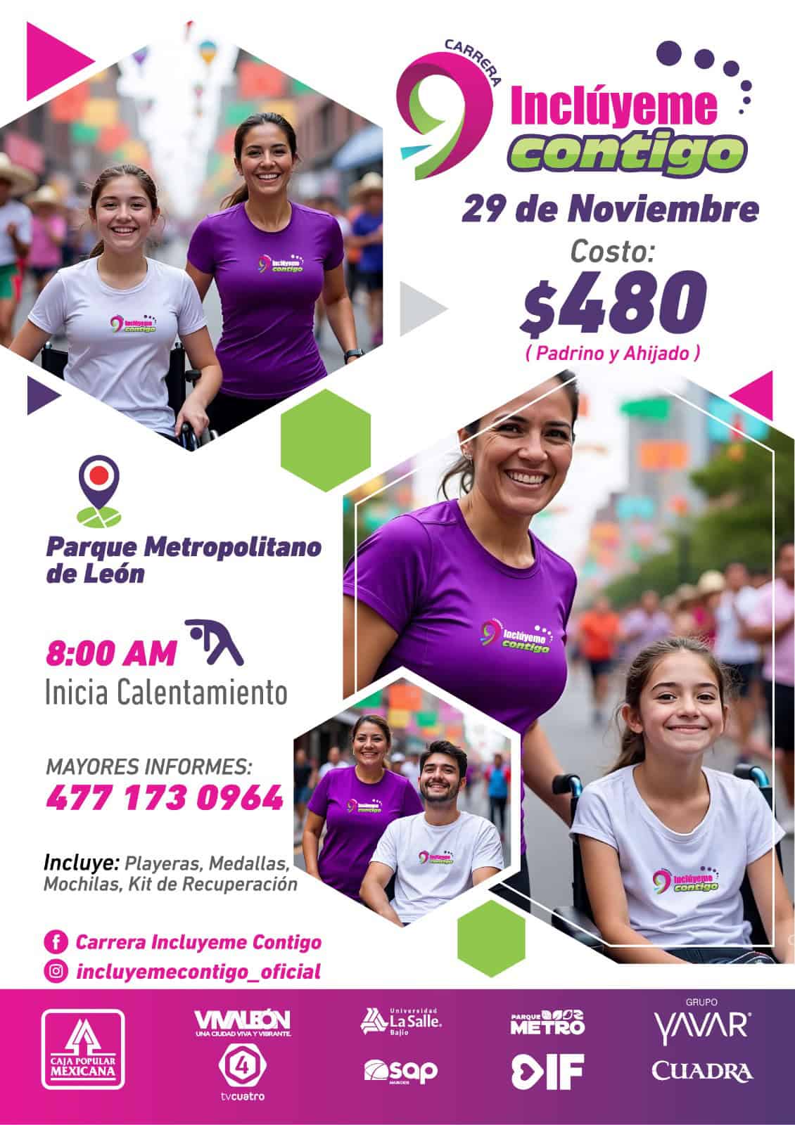 Participantes felices en la carrera solidaria Inclúyeme Contigo en Parque Metropolitano, León, promoviendo inclusión y deport.