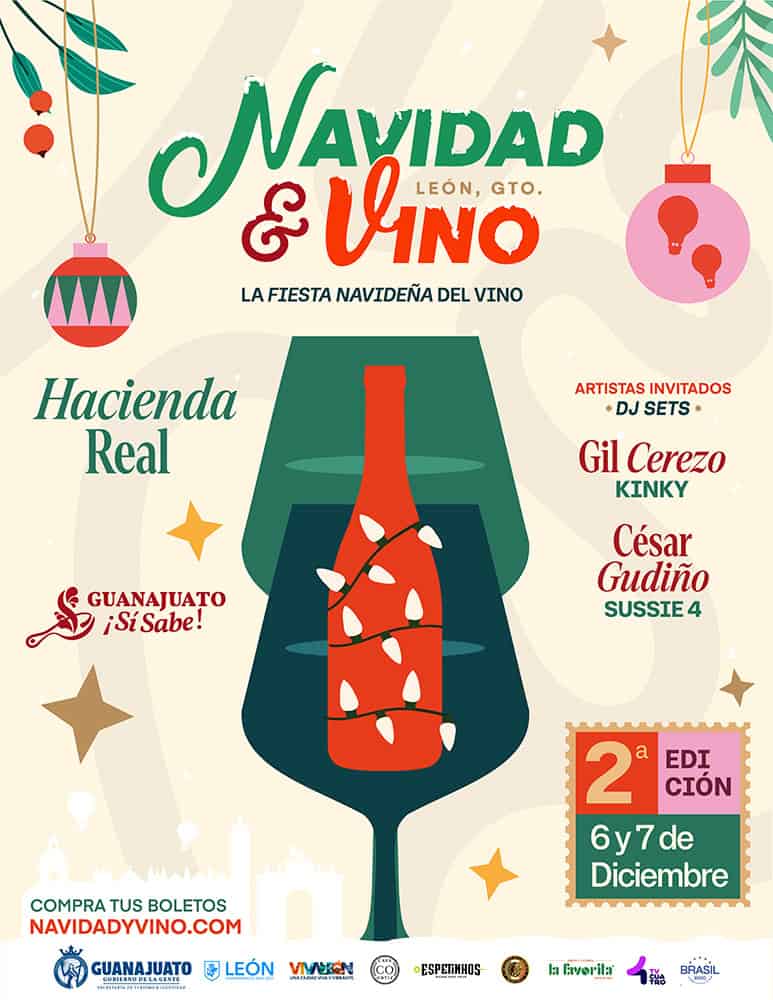 Celebración navideña con vino en León, Guanajuato, con artistas invitados y actividades especiales.