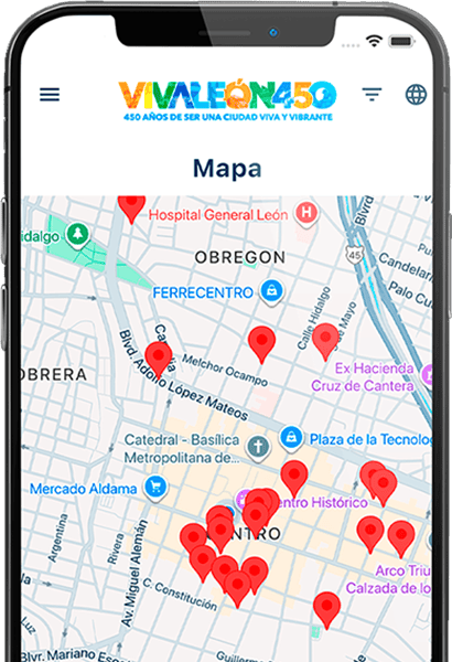 Mapa interactivo con puntos turísticos y culturales destacados en León, Guanajuato, ideal para planear tu visita y descubrir.