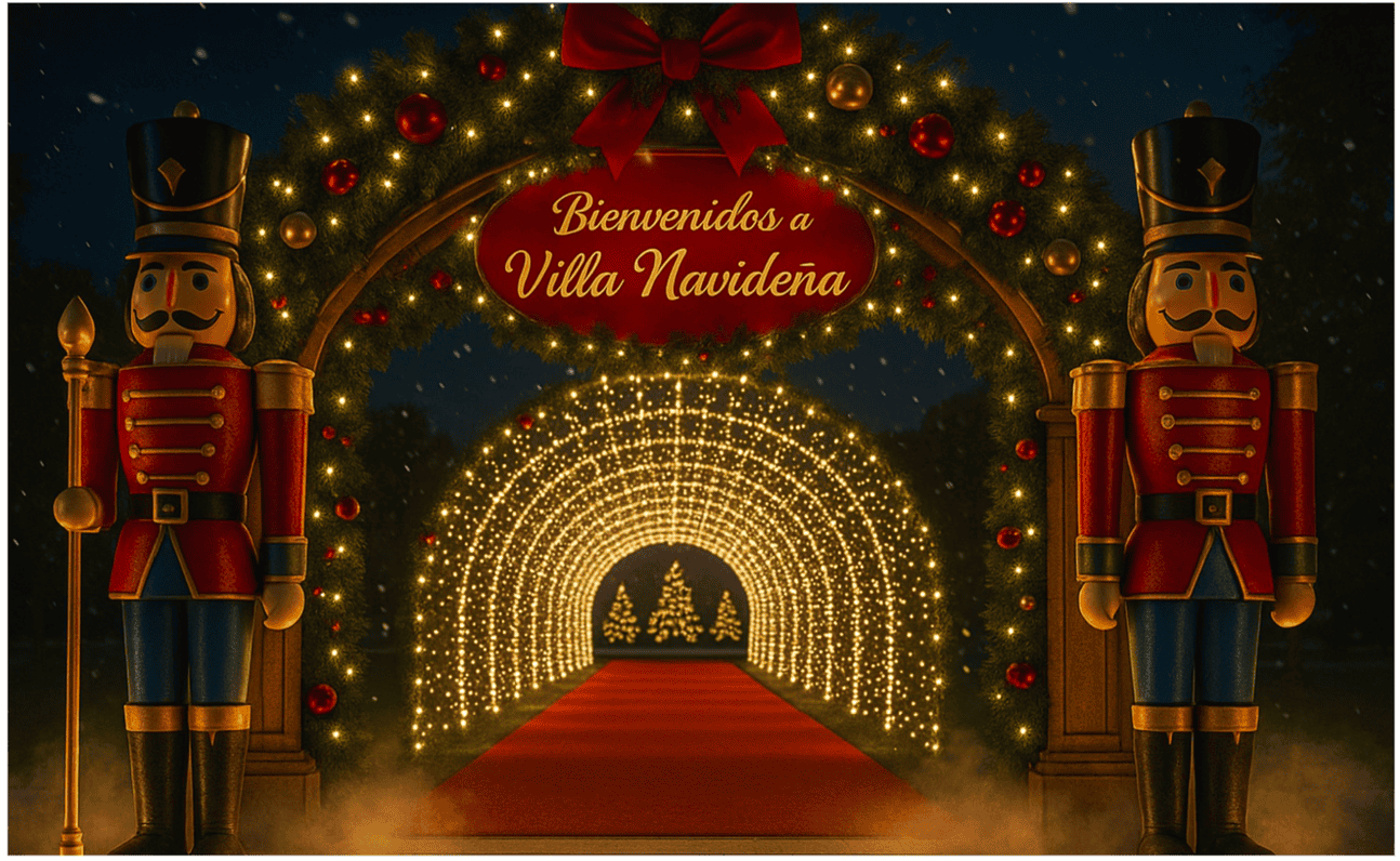 Puerta decorada con luces y figuras de soldados navide&ntilde;os en Villa Navidena, ideal para disfrutar de la magia de la Navidad e.