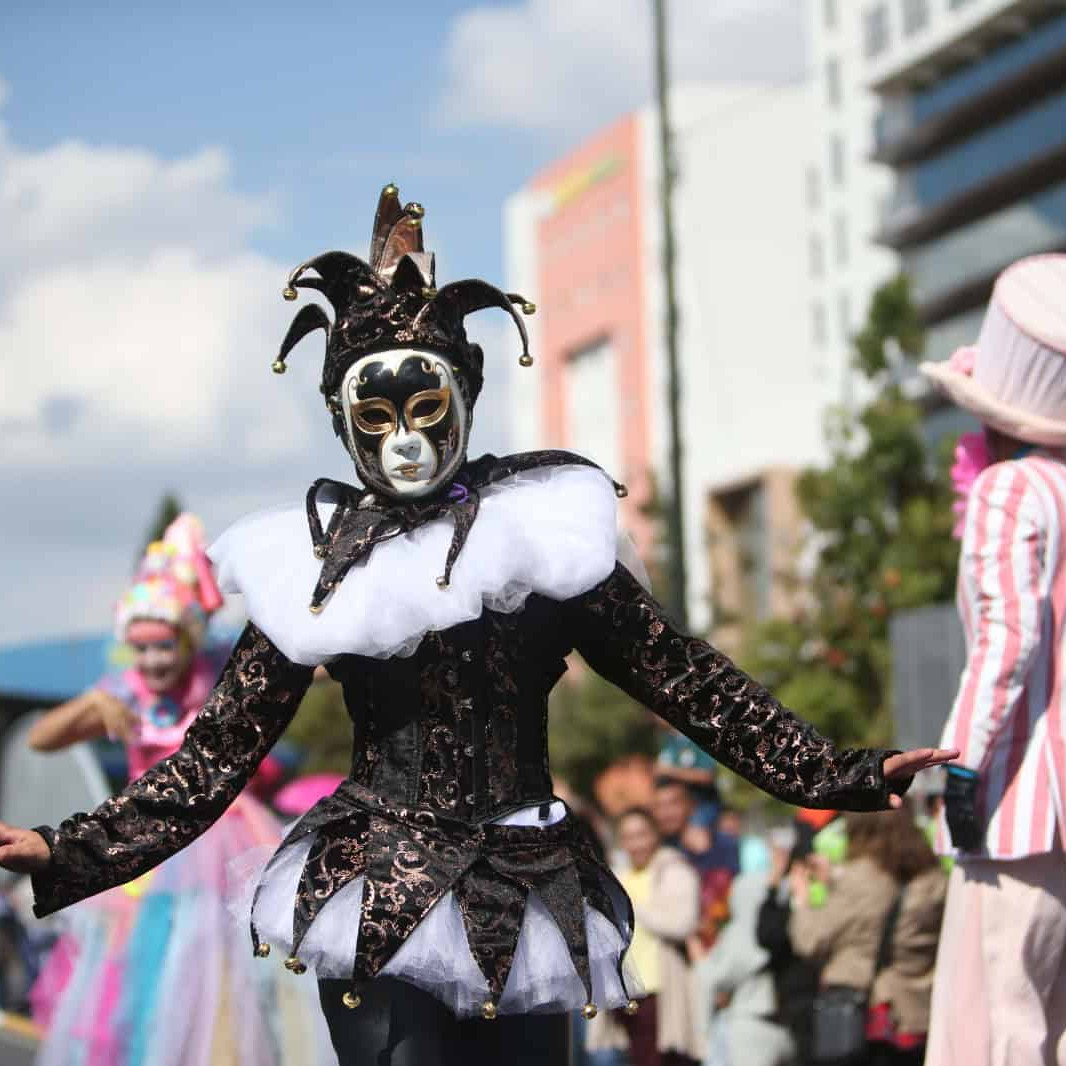 Disfraz tradicional de carnaval con máscara elaborada y atuendo colorido en celebración cultural en León.
