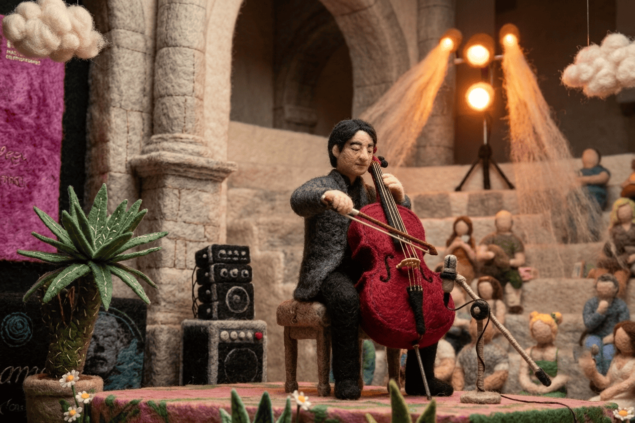 Artista tocando violonchelo en escenario con iluminaci&oacute;n y p&uacute;blico en fondo, evento cultural en Le&oacute;n, Guanajuato, M&eacute;xico.
