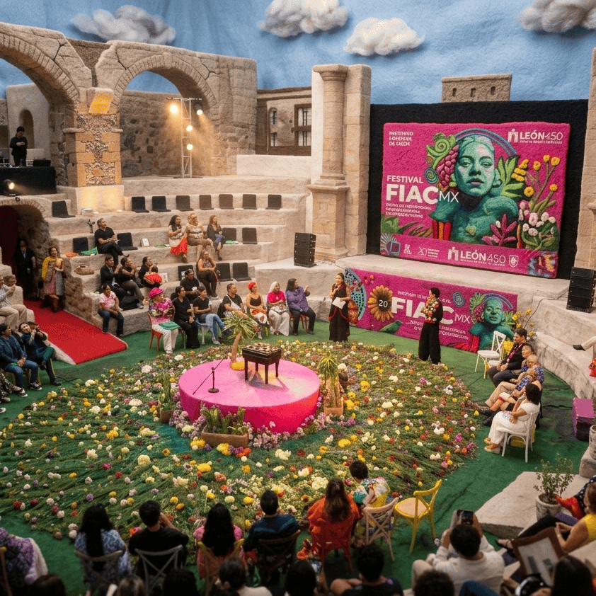 Escenario del Festival FIACMX en León, con público disfrutando del evento cultural y artístico en un entorno histórico.