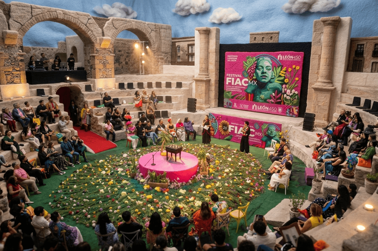 Escenario del Festival FIACMX en León, con público disfrutando del evento cultural y artístico en un entorno histórico.