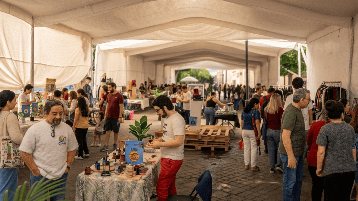 Visitantes disfrutando de la feria artesanal en Le&oacute;n, Guanajuato, M&eacute;xico, con puestos de arte y cultura local.