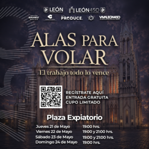 Cartel del evento Alas para Volar en León 450, con detalles de fechas y horarios en Plaza Expiatorio.