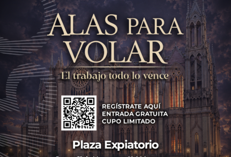 Cartel del evento Alas para Volar en León 450, con detalles de fechas y horarios en Plaza Expiatorio.