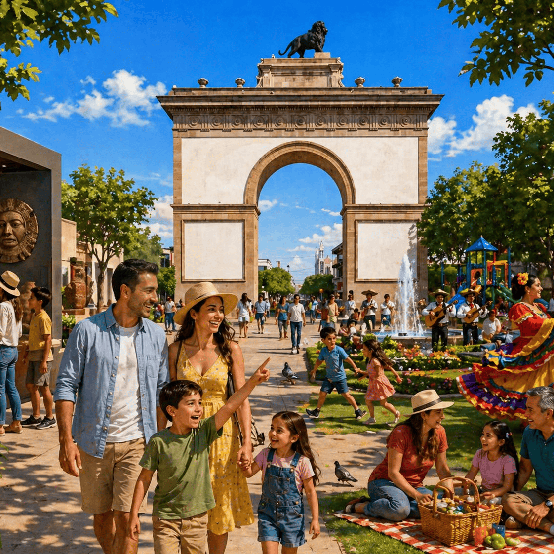 Puerta de Alcalá, símbolo histórico, en el corazón de León, rodeada de actividades culturales y recreativas para toda la fami.