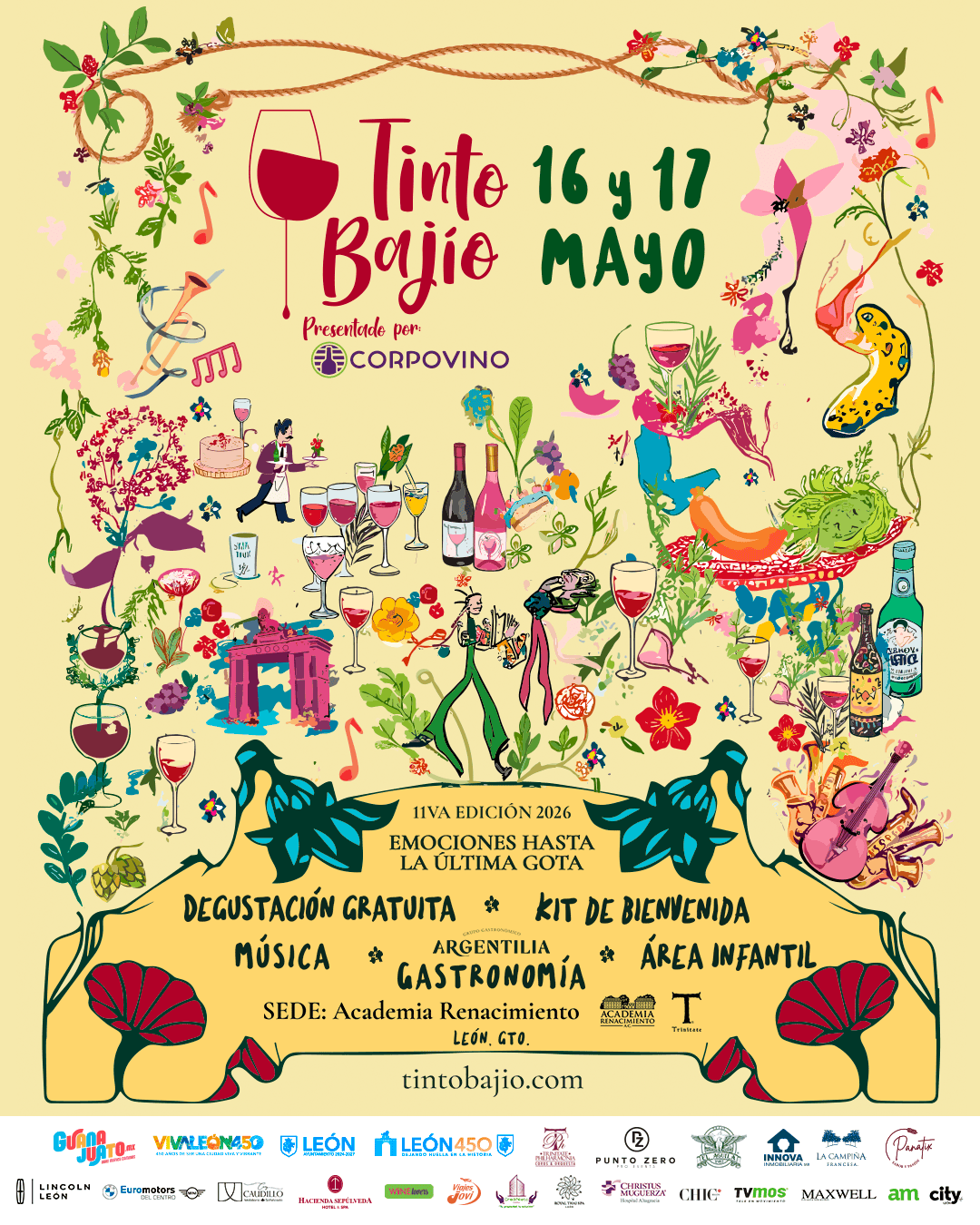 Festival de vino y música en León, México, con degustaciones gratuitas, gastronomía, área infantil y música en vivo.