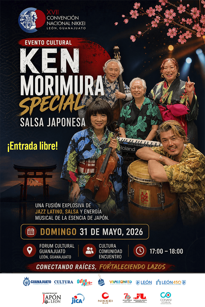 Participantes de la conferencia Ken Morimura en Guanajuato, mostrando música y danza japonesa en un evento cultural.
