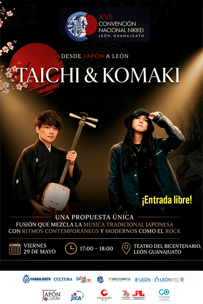 Tao y Komaki en León, Japón, mostrando instrumentos tradicionales en un evento cultural con música moderna y ritmos contempor.