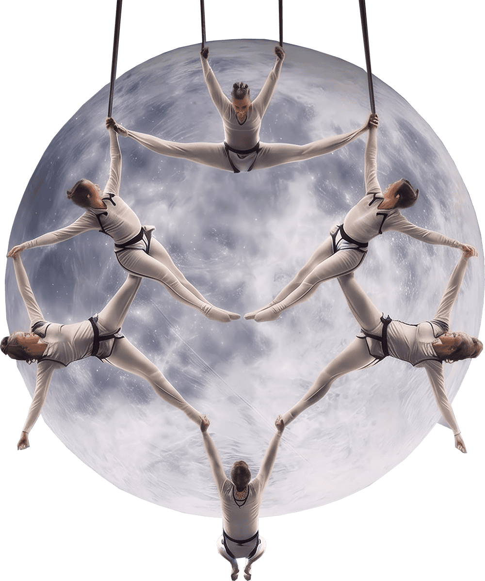 Bailarinas en la luna realizando una coreograf&iacute;a a&eacute;rea con fondo de luna llena, creando una escena art&iacute;stica y surrealista.