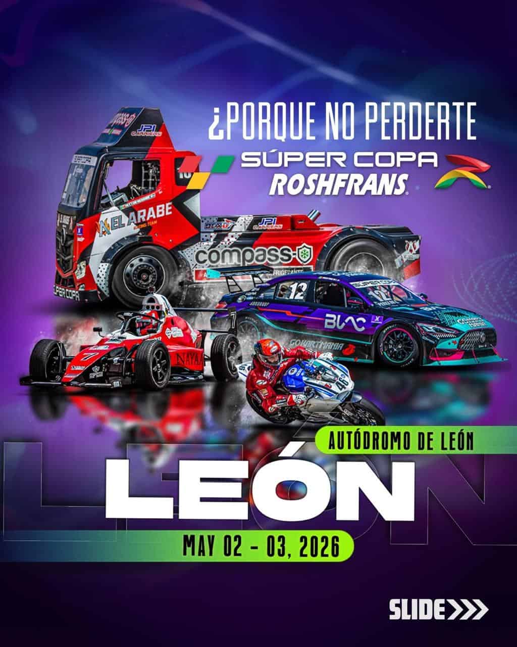 Imagen de autos de carreras en el Autódromo de León, promocionando la Súper Copa Roshfrans en mayo 2026.