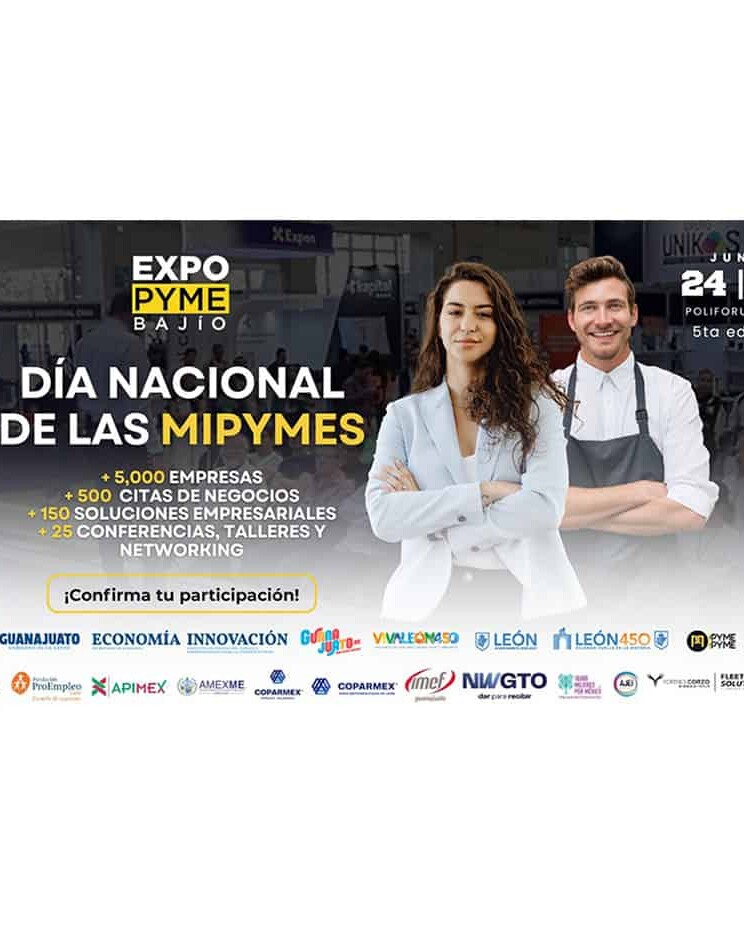 Imagen promocional del Día Nacional de las MIPYMES en León, con empresarios y logotipos de patrocinadores.