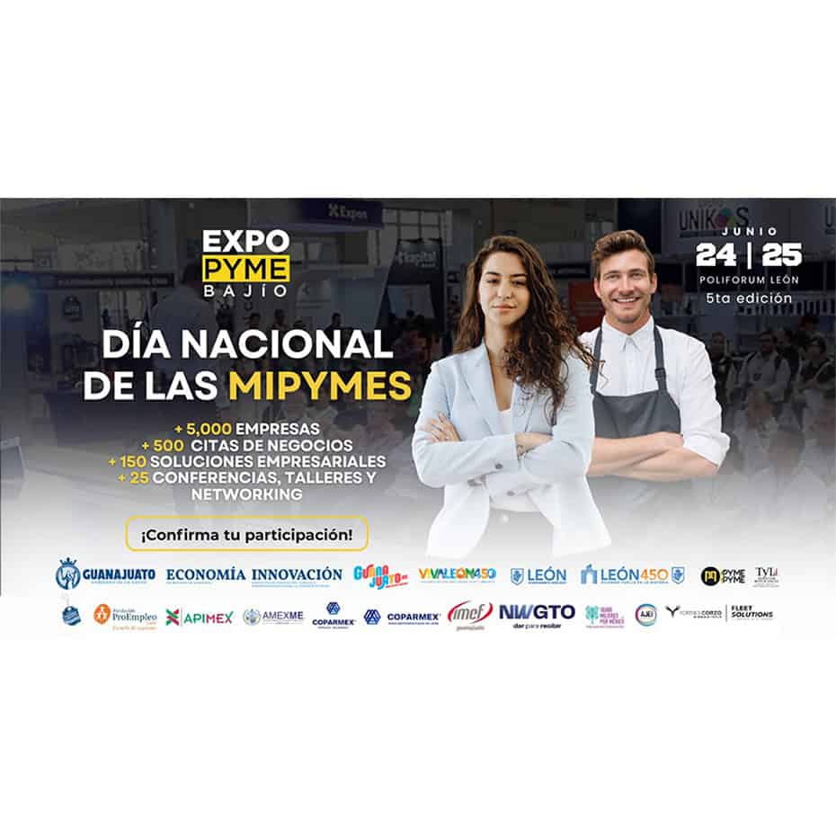 Imagen promocional del Día Nacional de las MIPYMES en León, con empresarios y logotipos de patrocinadores.