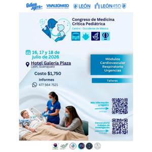 Imagen de profesionales de la salud atendiendo a un paciente pediátrico en un congreso médico en León, México.