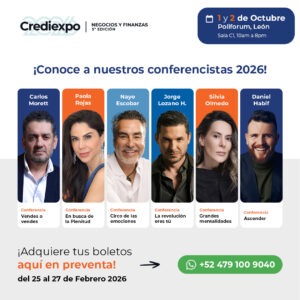 Conferencia de expertos en negocios y finanzas en Crediexpo 2026 en León, con destacados ponentes en un evento de gran releva.