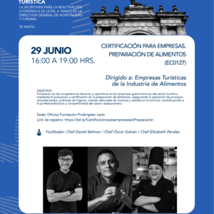 Certificación para empresas de alimentos en León, dirigida a empresas turísticas del sector alimentario, con fecha 29 de juni.