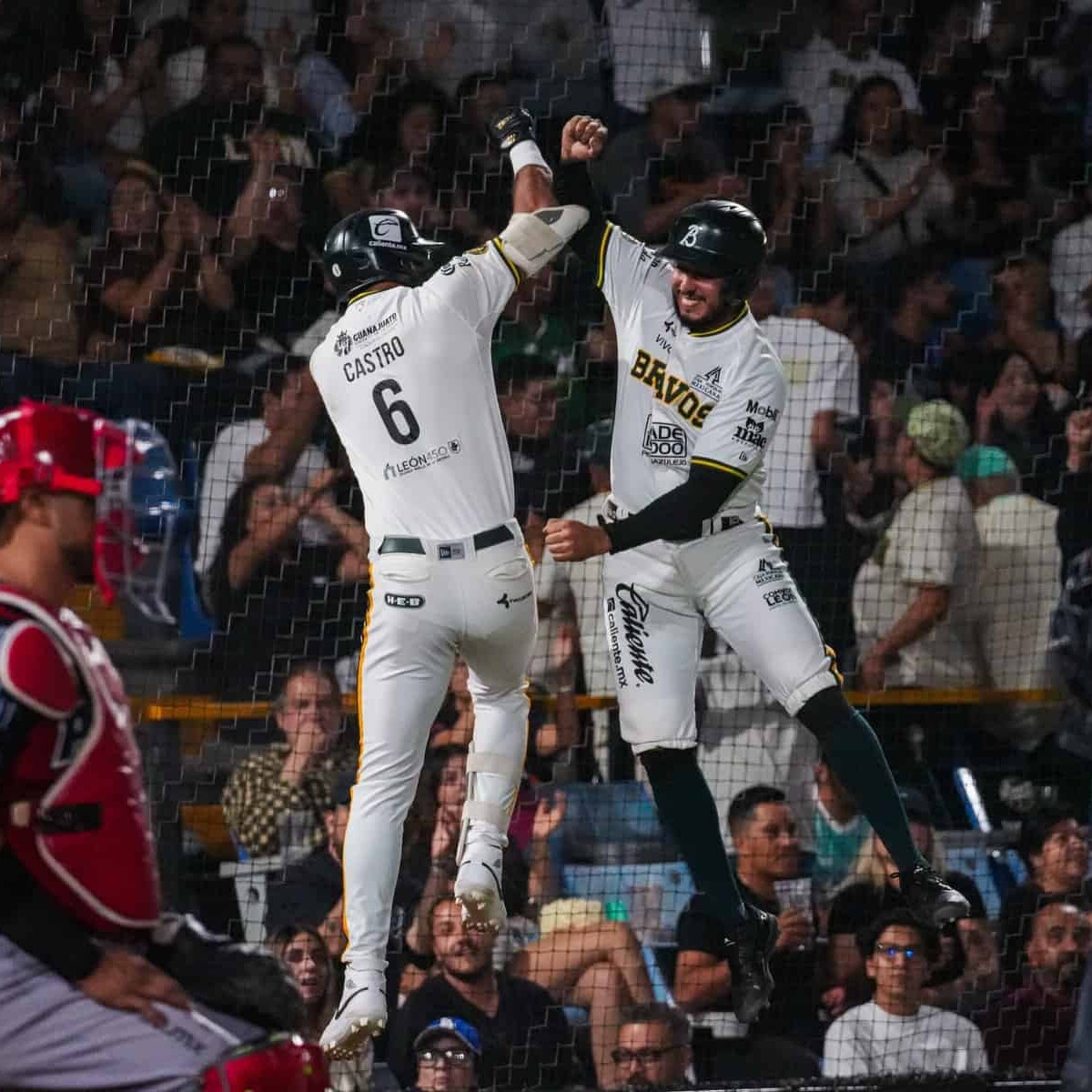Jugadores celebran una victoria en un partido de béisbol con público en las gradas.