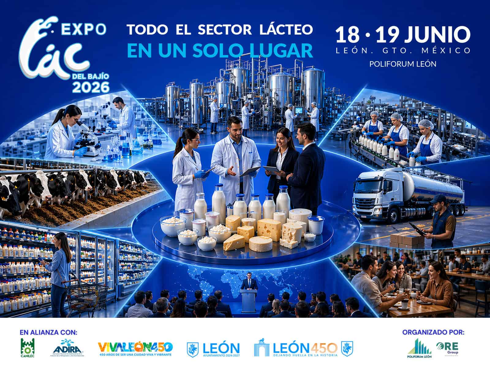 Grupo de profesionales en una feria láctea en León, México, mostrando productos lácteos en un evento industrial.