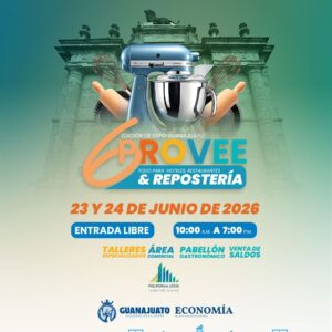 Cartel de Expo Provee 2026 en Guanajuato, con imágenes de utensilios de cocina y repostería, y detalles del evento en junio d.