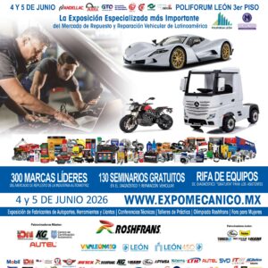 Imagen de la Expo Mecánico León 2026 con autos, motos y maquinaria automotriz en exhibición.