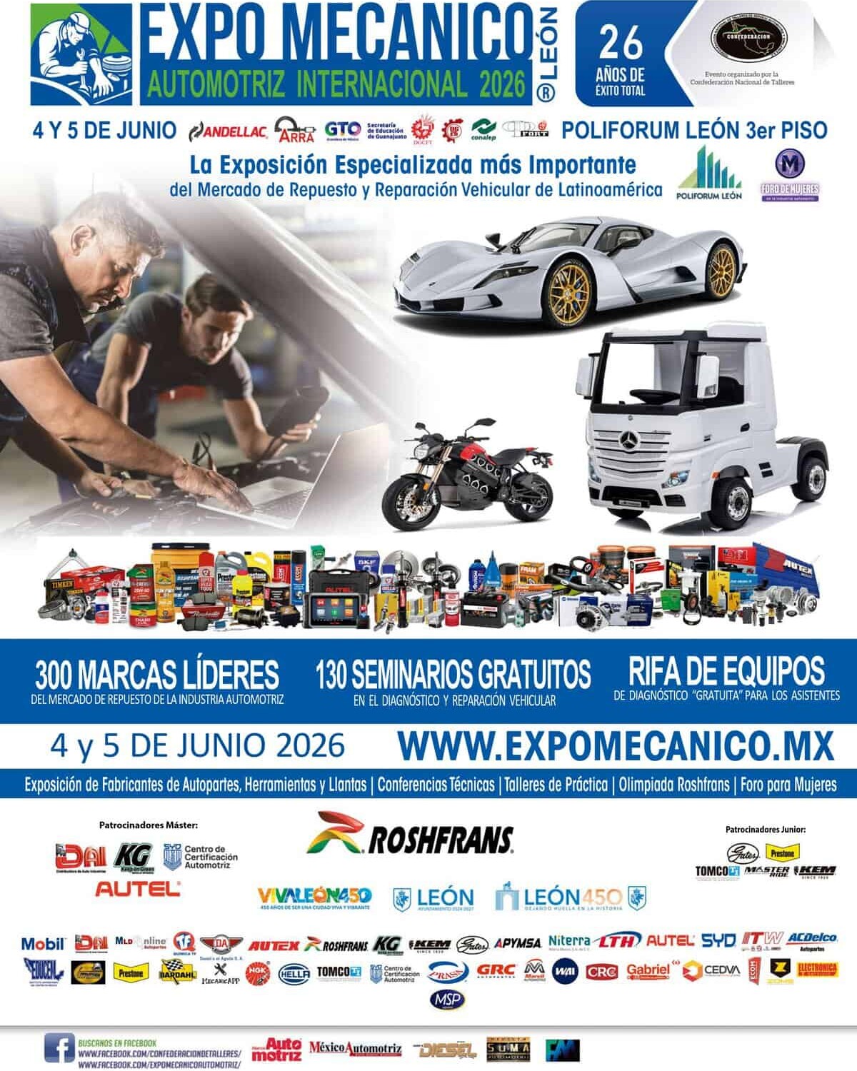 Imagen de la Expo Mecánico León 2026 con autos, motos y maquinaria automotriz en exhibición.