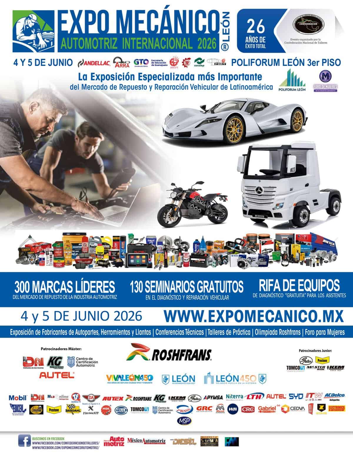 Imagen de la Expo Mecánico León 2026 con autos, motos y maquinaria automotriz en exhibición.