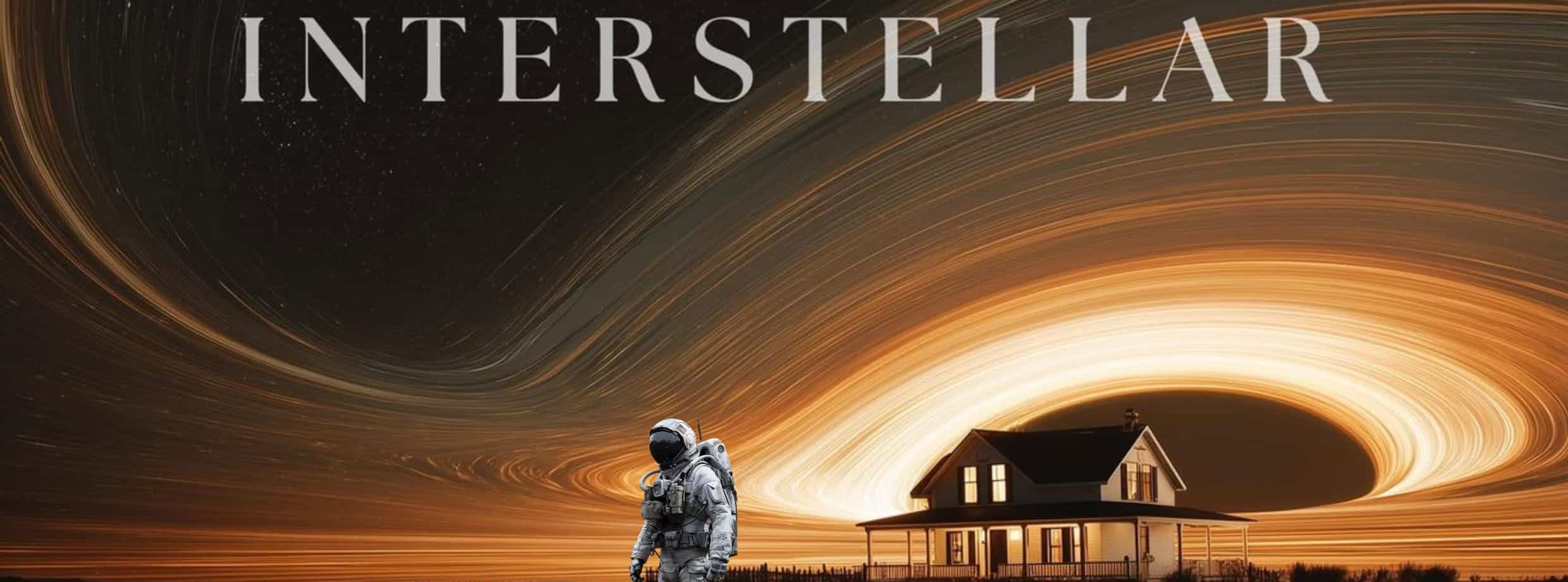 Astronauta en un paisaje futurista con casa y remolinos de luz en el cielo, representando la exploraci&oacute;n espacial y la innova.