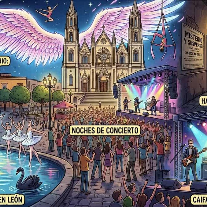 Espectáculo de ballet en el lago de los cisnes en León, con bailarines en un escenario junto a un lago iluminado y público di.
