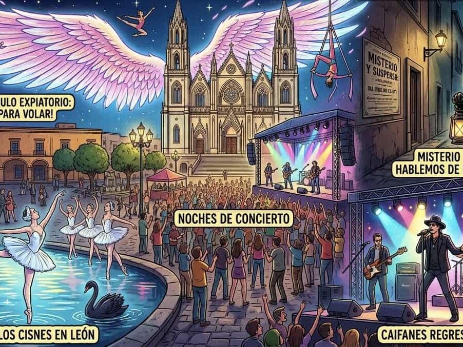 Espectáculo de ballet en el lago de los cisnes en León, con bailarines en un escenario junto a un lago iluminado y público di.