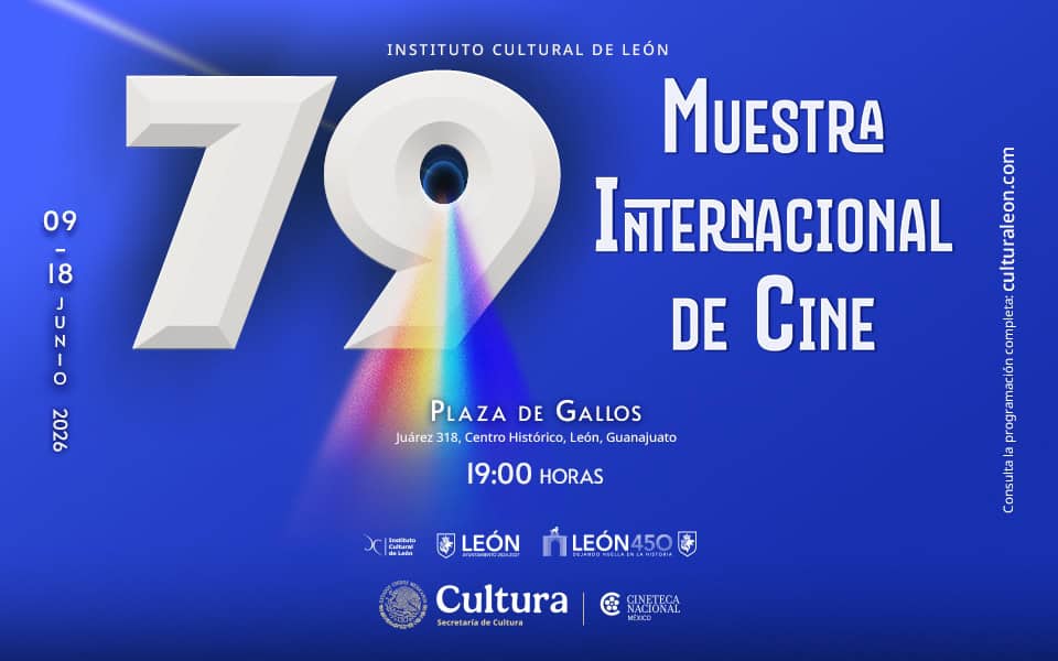 Cartel del 19° Muestra Internacional de Cine en León, con fondo azul y detalles del evento en la Plaza de Gallos.