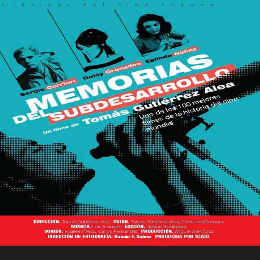 Memorias del Subdesarrollo, cartel de película cubana, con retratos de personajes y texto en azul y negro.