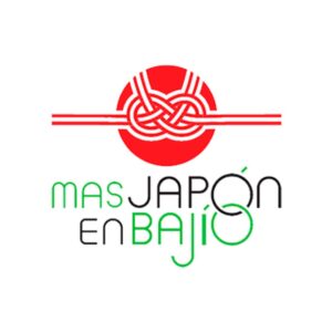 Logotipo de "Más Japón en Bajío" con diseño de nudo japonés en rojo y texto en verde y negro.