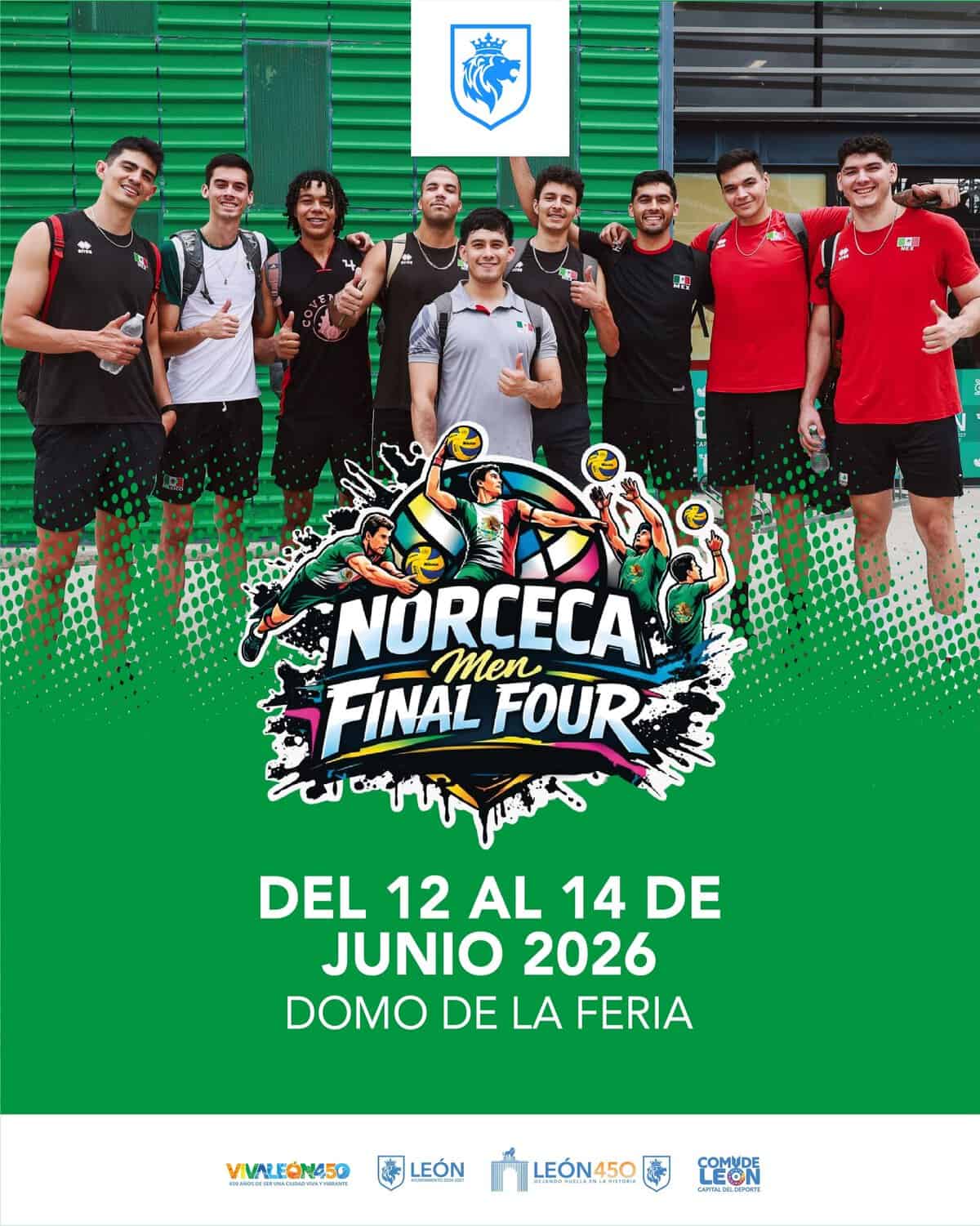 Jugadores de voleibol en celebración en el evento Norceca Men Final Four 2026 en León, Guanajuato, del 12 al 14 de junio.