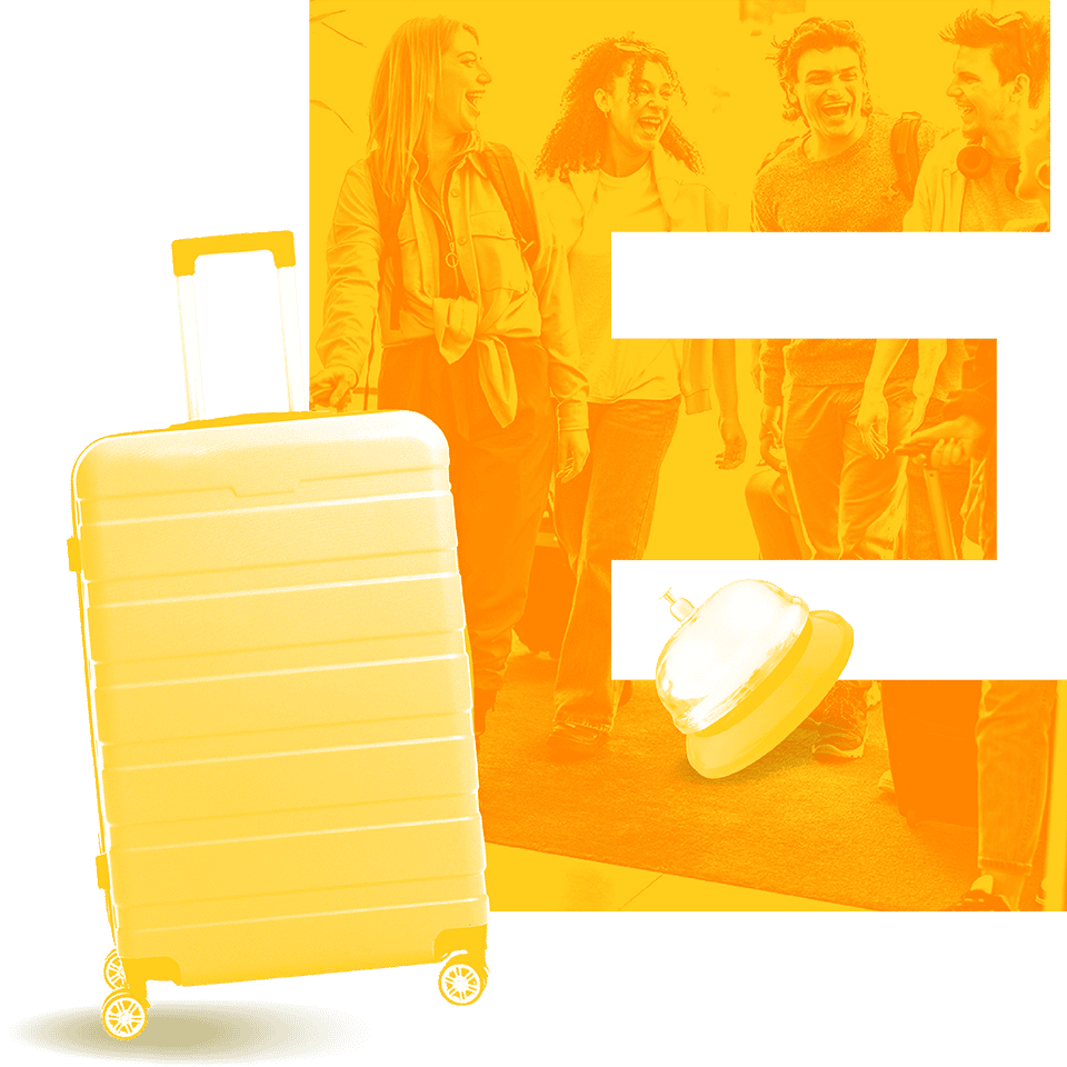 Personas felices con maletas en aeropuerto, lista para viajar en M&eacute;xico, ambiente de turismo y aventura.