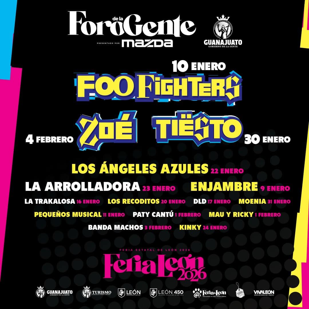 Cartel de la Feria de León 2026 con fechas de eventos y artistas destacados.