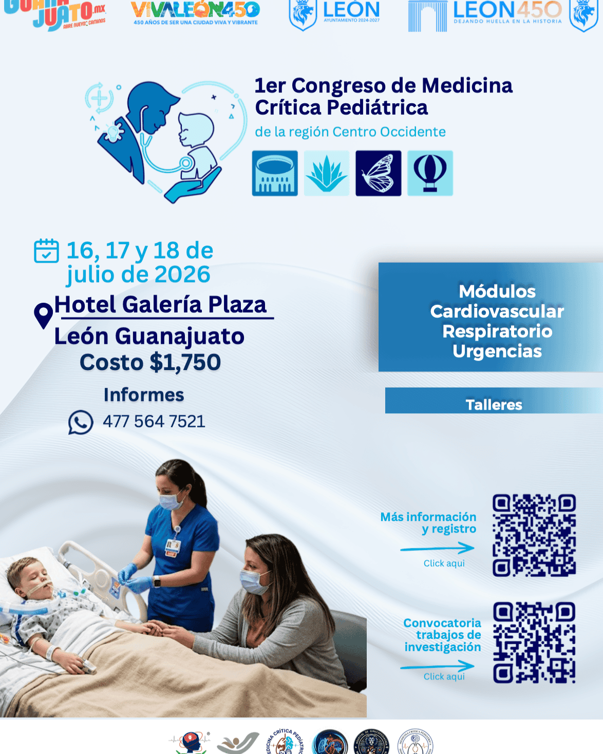 Imagen del Congreso de Medicina Crítica Pediátrica en León, Guanajuato, con profesionales de la salud en un hospital.