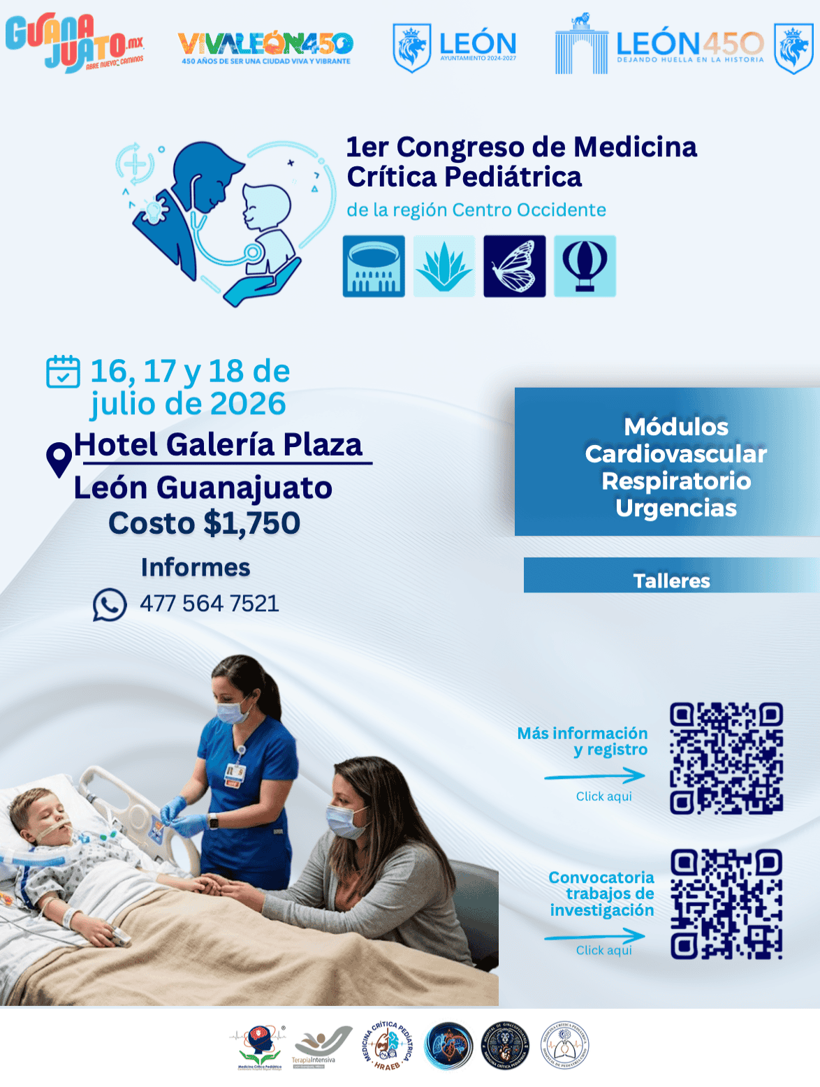 Imagen del Congreso de Medicina Crítica Pediátrica en León, Guanajuato, con profesionales de la salud en un hospital.