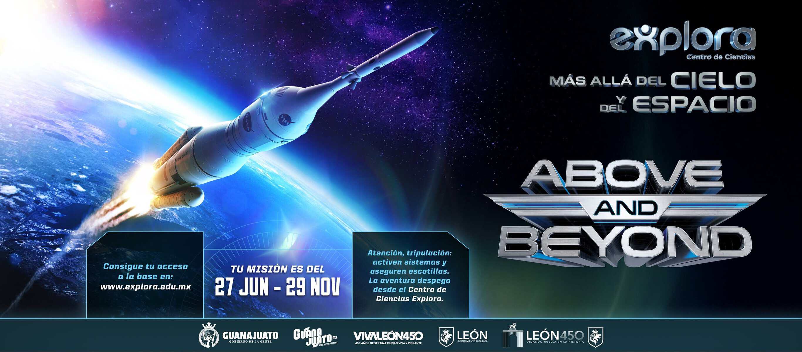 Imagen de cohete en el espacio, promoción de la experiencia espacial en León, Guanajuato, México.