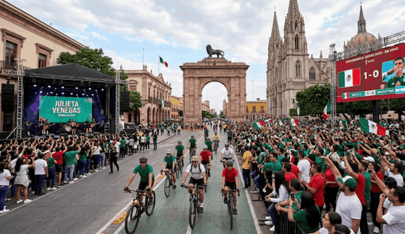 Celebración en León, México, con público y ciclistas en la calle frente a la catedral y el Arco de la Independencia.