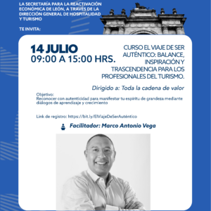 Imagen promocional de curso de turismo en León, Guanajuato, México, con información y facilitador Marco Antonio Vega.