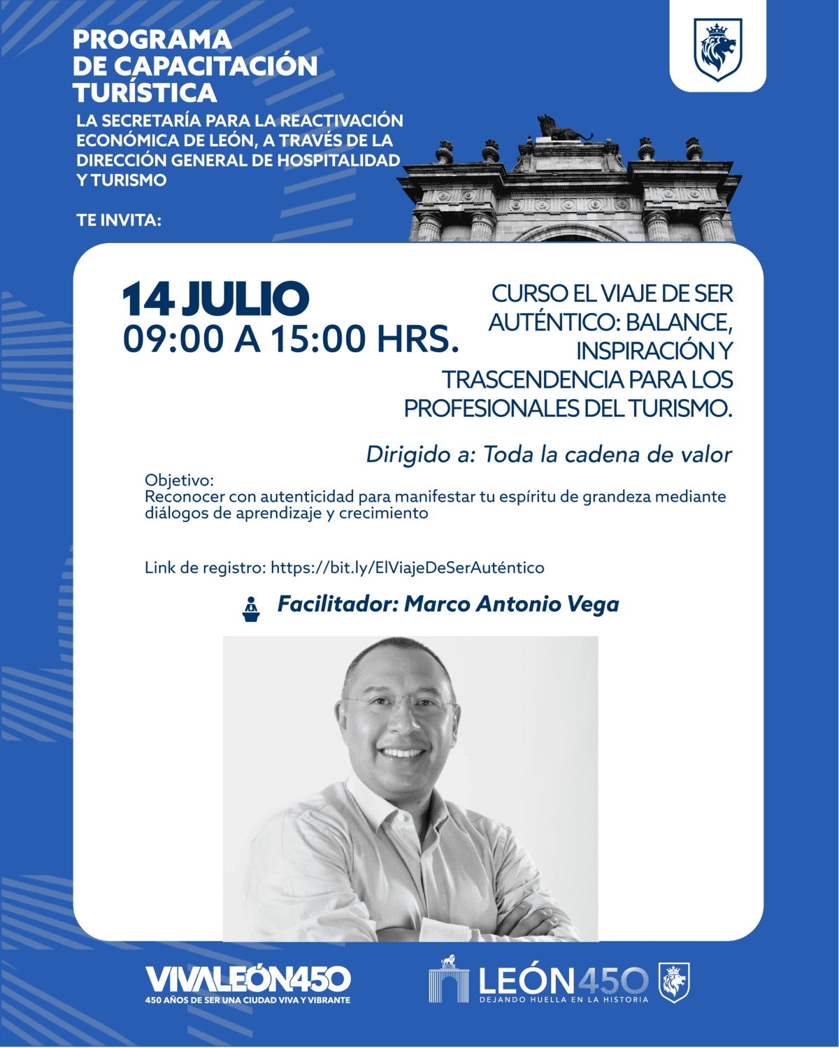 Imagen promocional de curso de turismo en León, Guanajuato, México, con información y facilitador Marco Antonio Vega.