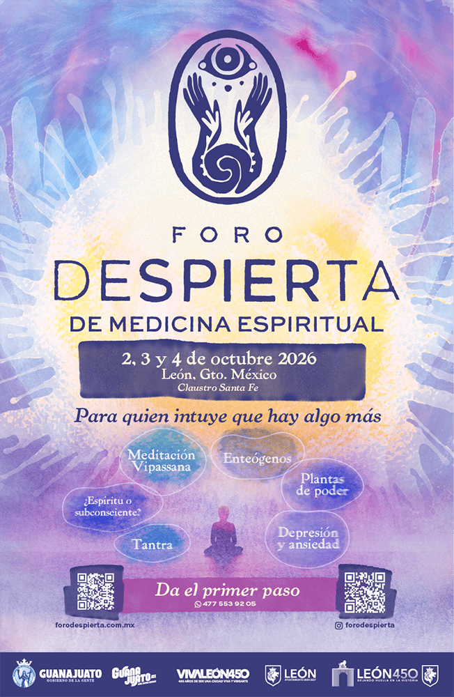 Imagen promocional del Foro Despierta de Medicina Espiritual en León, Guanajuato, con símbolos de meditación y bienestar.